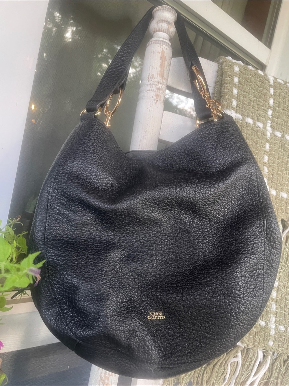 Vince Camuto Black Pebbled Leather Slouch Hobo with Gold Hardware